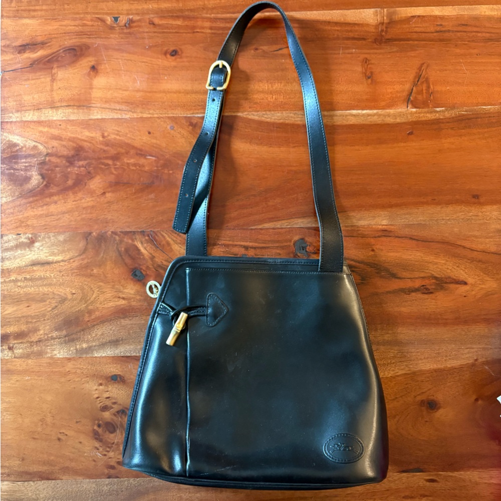 Longchamp Vintage Black Leather Roseau Shoulder Bag Crossbody Purse Gold